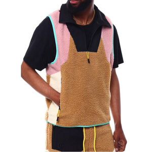 Original Fables Vest Sherpa Anorak Pink And Khaki Colorblock Utility Top Large